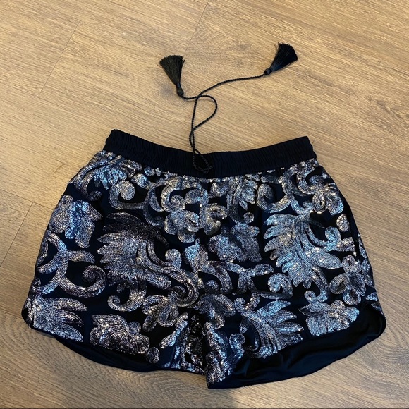 Silver Sequin Paisley Print Shorts w Drawstring  4 - Picture 4 of 11